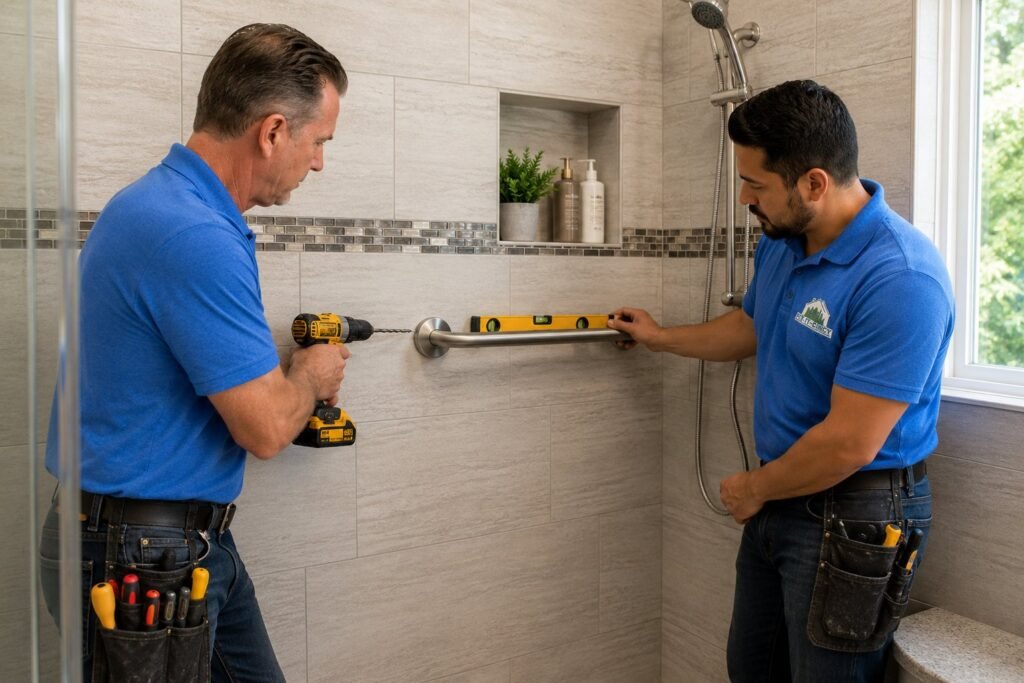 Two Fix It-Cincy handymen installing a bathroom grab bar, one holding a level while the other drills