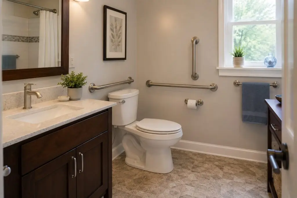 An accessible bathroom with a comfort-height toilet, wall grab bars and non-slip floor