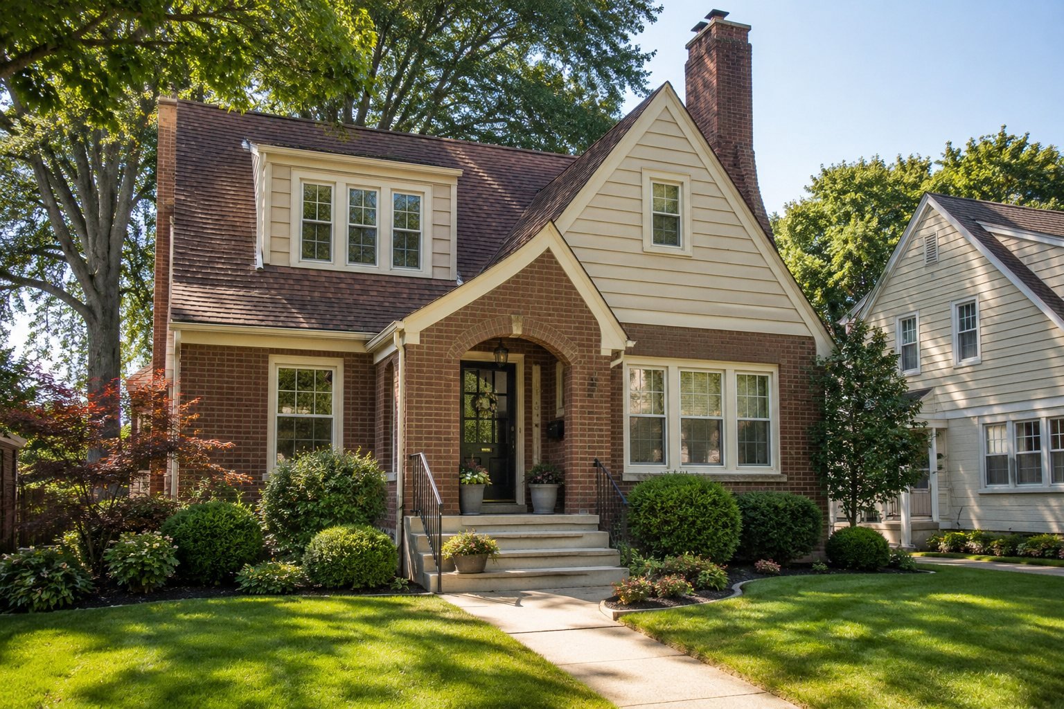 A well-kept classic brick two-story home in Greater Cincinnati with a green front lawn