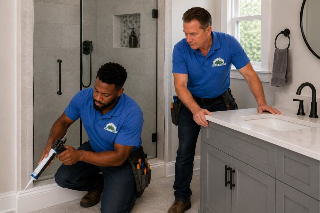 Two Fix It-Cincy handymen remodeling a bathroom, sealing a tiled shower and setting a new vanity