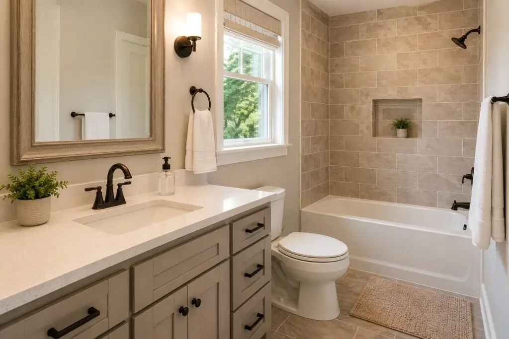 A remodeled bathroom with a new vanity, tiled shower surround and modern fixtures - Fix It-Cincy - Fix It-Cincy A remodeled bathroom with a new vanity, tiled shower surround and modern fixtures