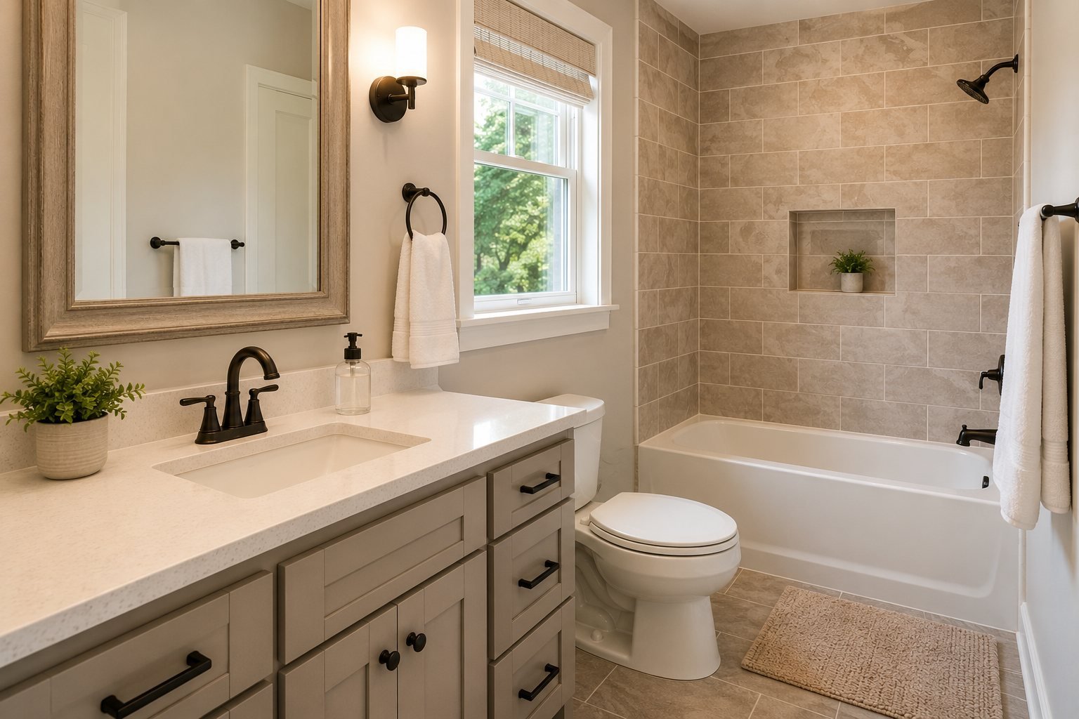 A remodeled bathroom with a new vanity, tiled shower surround and modern fixtures