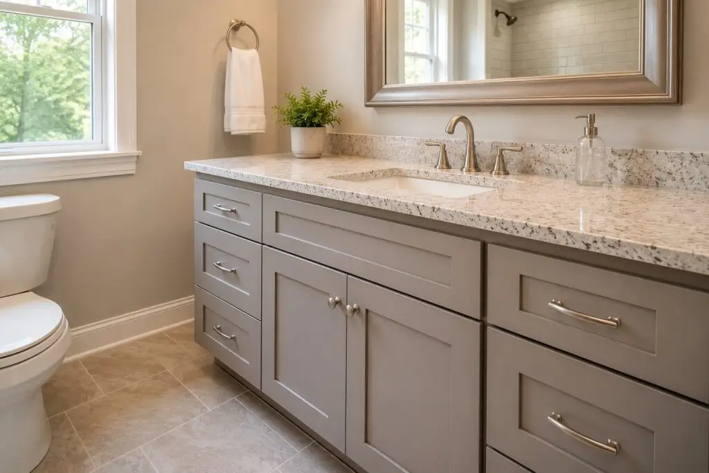 A new bathroom vanity with a stone countertop over a tiled floor