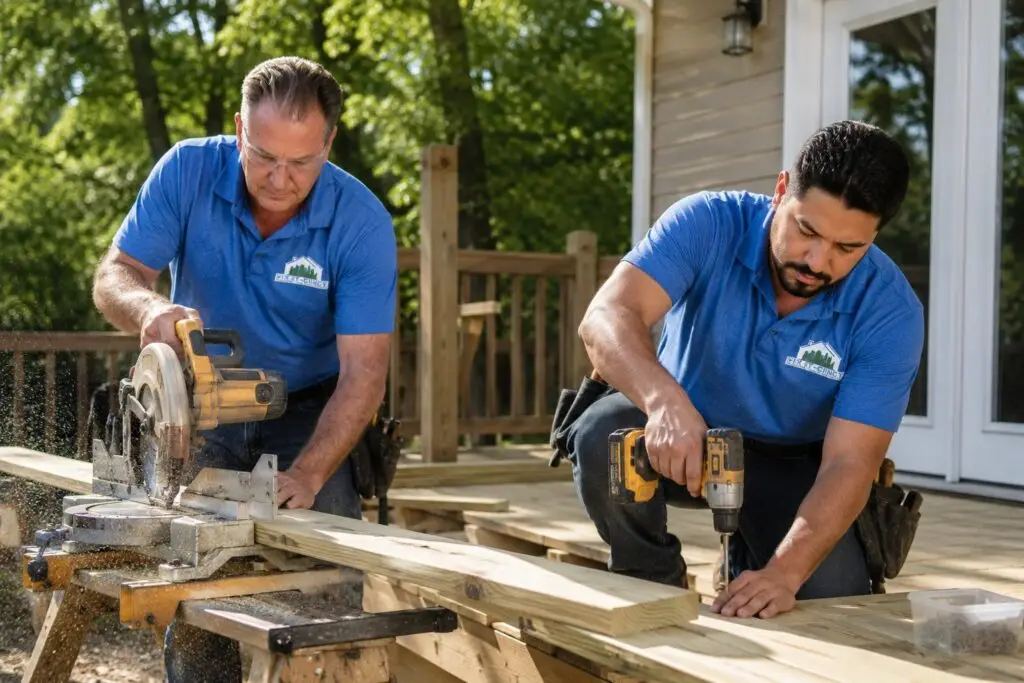 Two Fix It-Cincy handymen building a backyard wood deck, one cutting a board with a circular saw