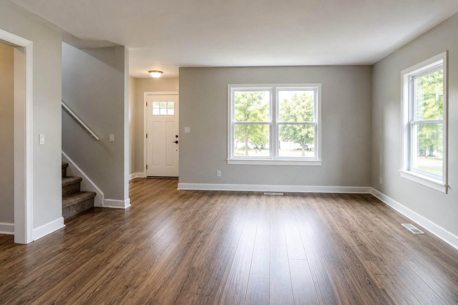 An empty rental unit with fresh paint and clean floors, move-in ready
