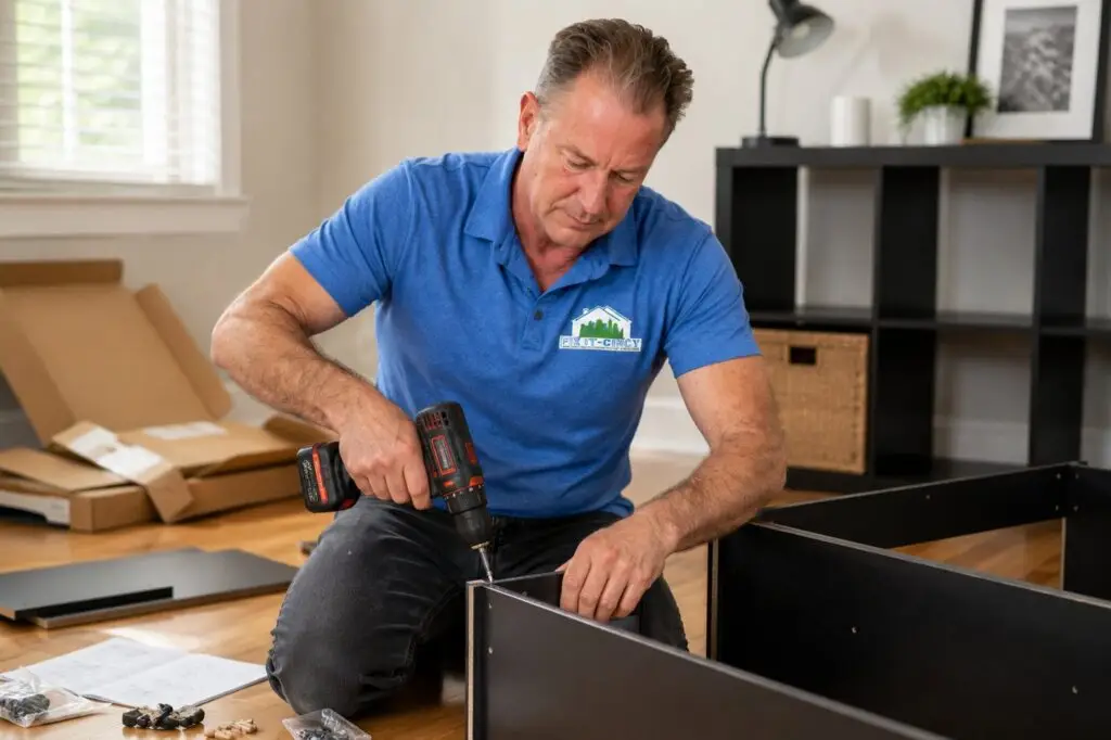A Fix It-Cincy handyman assembling flat-pack furniture on the floor with a drill - Fix It-Cincy - Fix It-Cincy A Fix It-Cincy handyman assembling flat-pack furniture on the floor with a drill