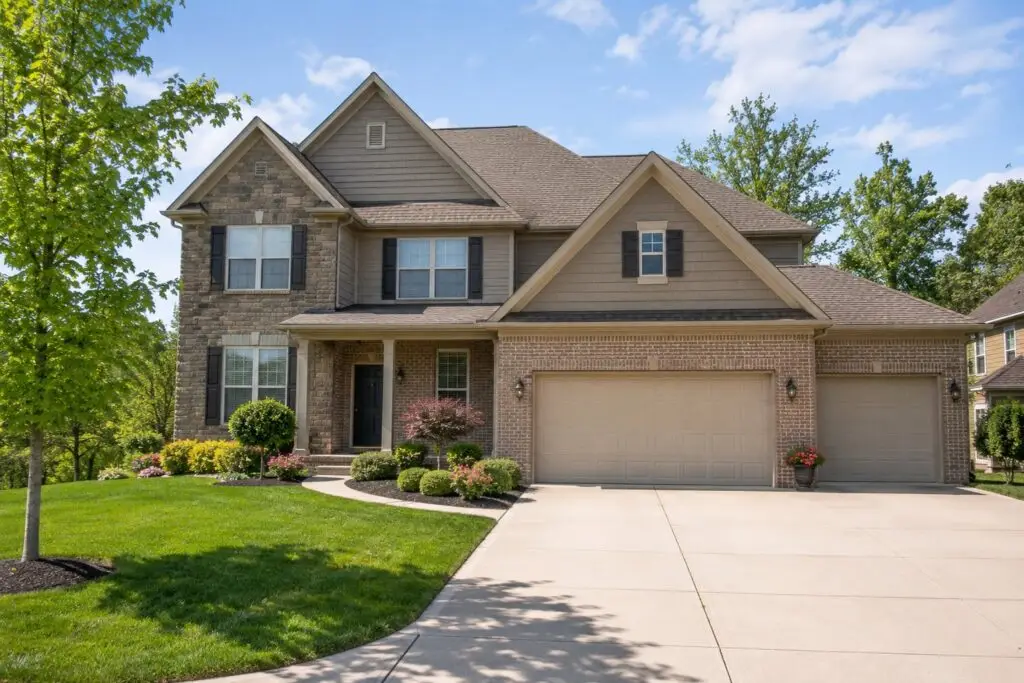 A suburban two-story Greater Cincinnati home with a two-car garage and tidy driveway