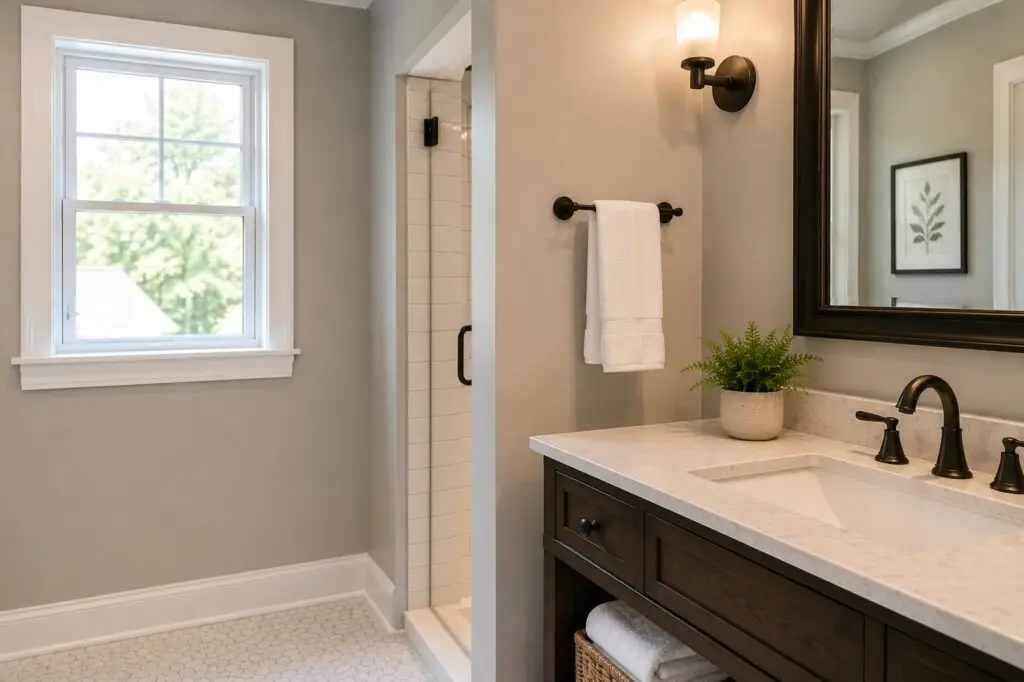 A freshly painted bathroom wall and trim with a smooth, clean finish