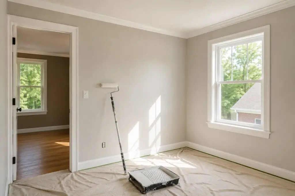 A freshly painted interior room with a roller and paint tray and clean drop cloths - Fix It-Cincy - Fix It-Cincy A freshly painted interior room with a roller and paint tray and clean drop cloths