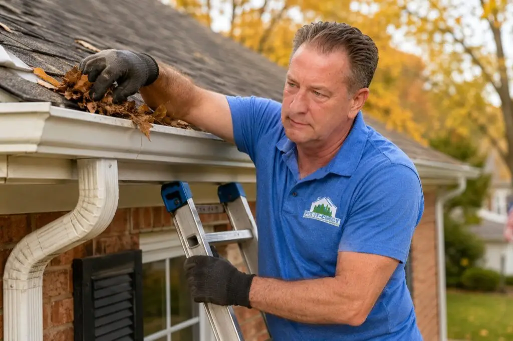A Fix It-Cincy handyman on a ladder cleaning leaves out of a home's gutter - Fix It-Cincy - Fix It-Cincy A Fix It-Cincy handyman on a ladder cleaning leaves out of a home's gutter