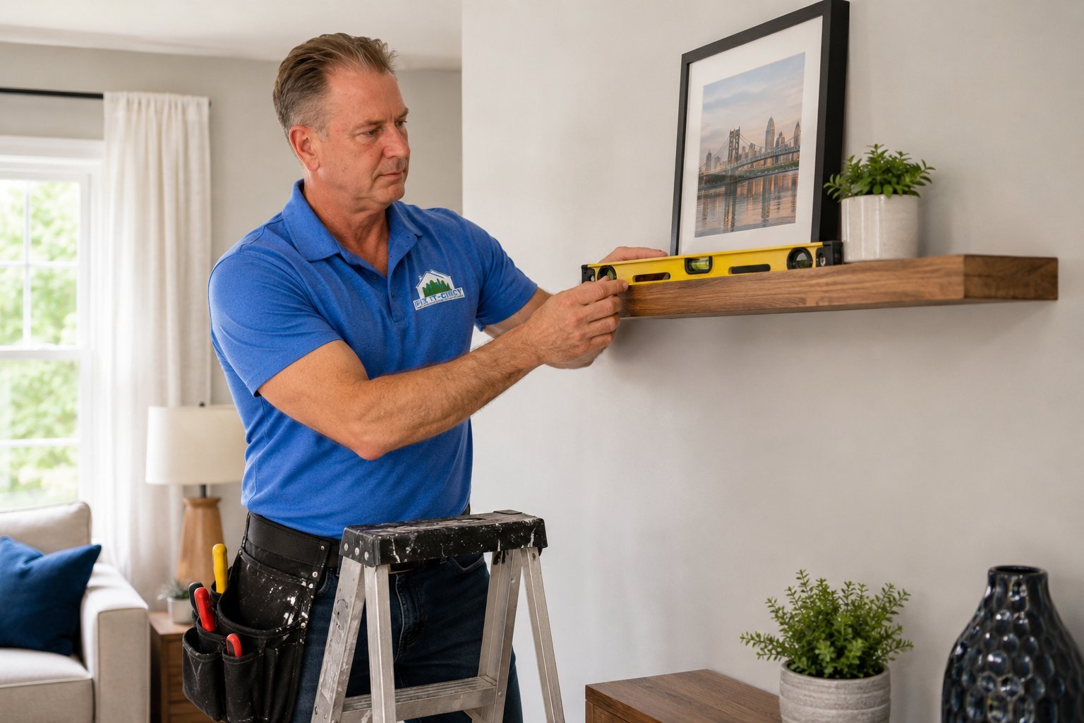 A Fix It-Cincy handyman using a level to hang a floating wood shelf with framed Cincinnati art