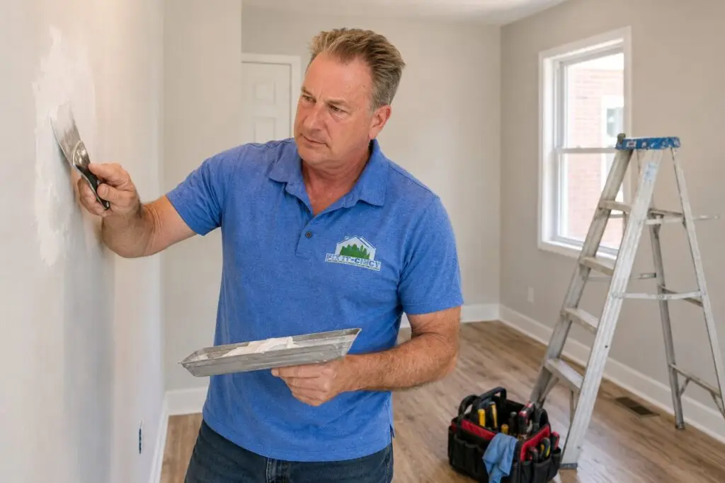 A handyman in a blue polo working in an empty rental unit during a make-ready - Fix It-Cincy - Fix It-Cincy A handyman in a blue polo working in an empty rental unit during a make-ready