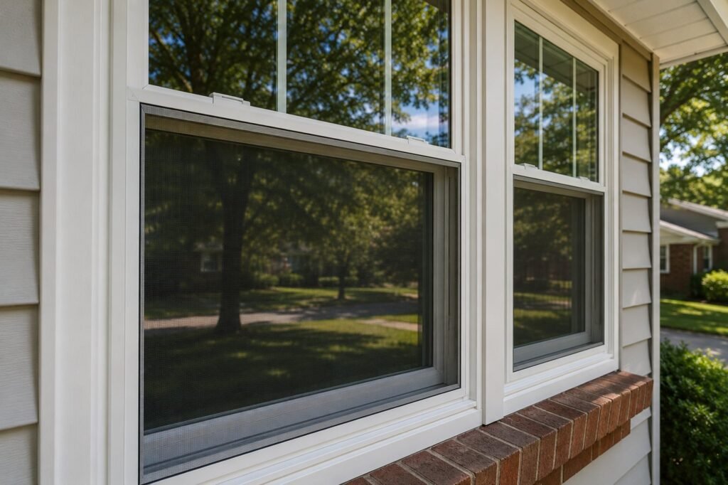 Home windows with new screens and fresh weatherstripping