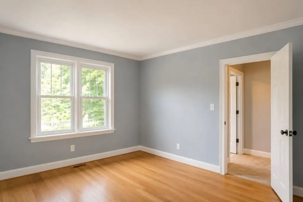 A repainted interior room with even color and sharp cut-in lines at the ceiling