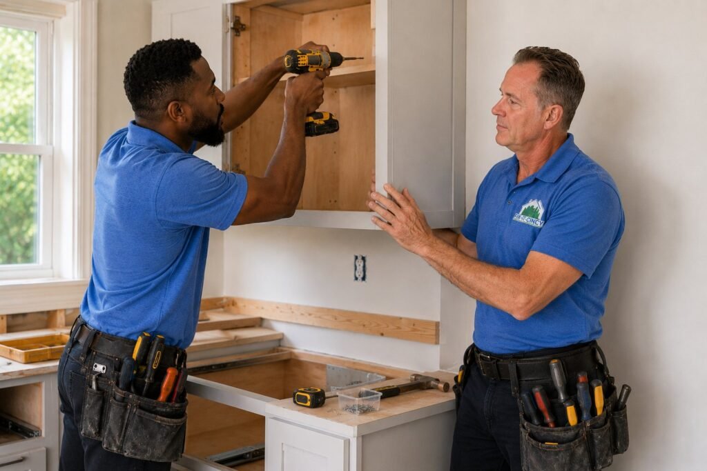 Two Fix It-Cincy crew members installing kitchen cabinets, one driving screws into an upper cabinet