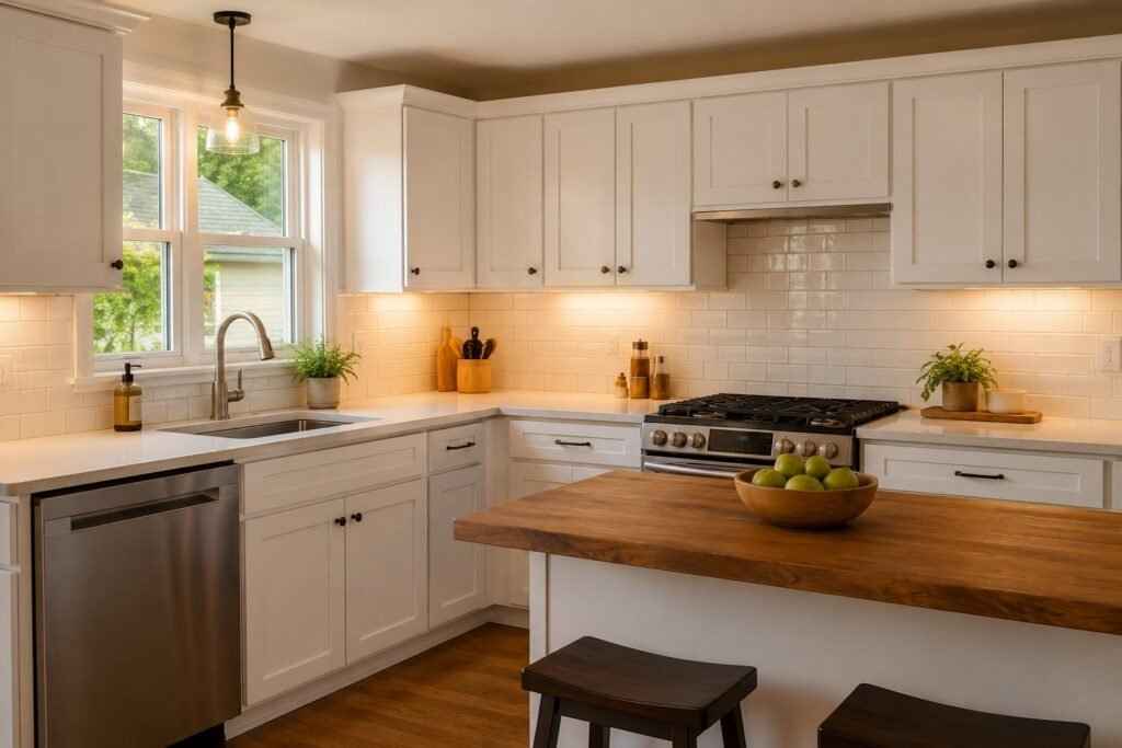 A finished kitchen remodel with white shaker cabinets, quartz counters and a subway-tile backsplash