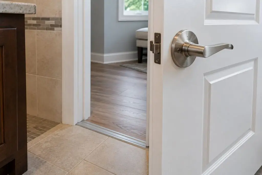Close-up of a lever-style door handle and a low, zero-threshold floor transition