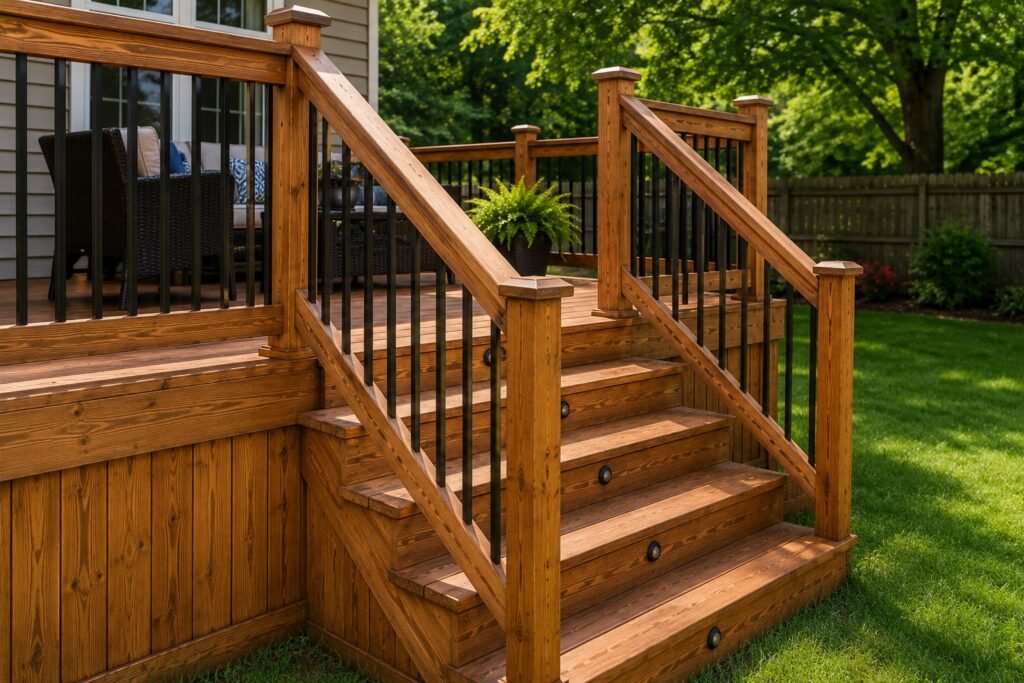 Sturdy new deck railings and steps with clean, well-built corners