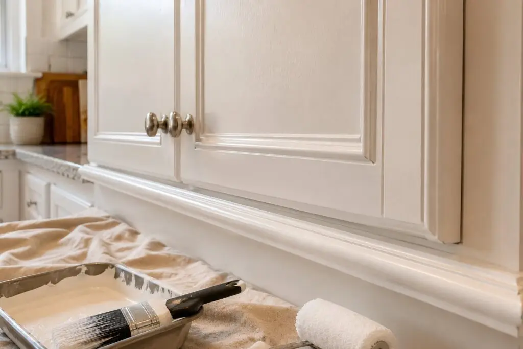 Close-up of freshly painted kitchen cabinet doors and trim with crisp clean edges