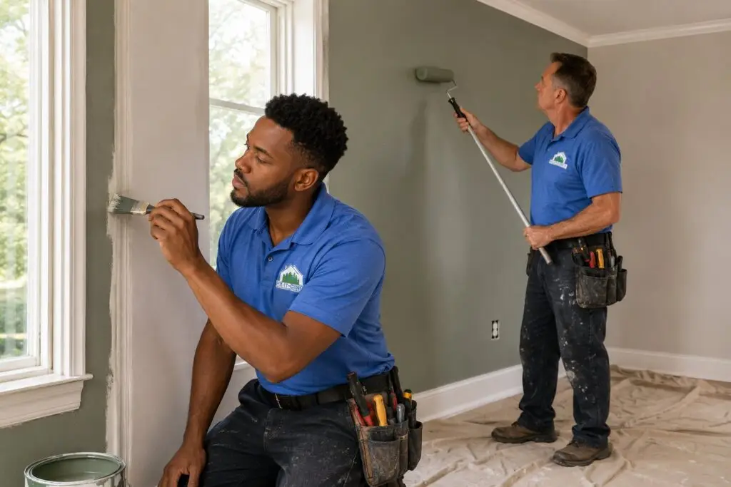 Two Fix It-Cincy painters in blue polos rolling and cutting in fresh paint on an interior wall