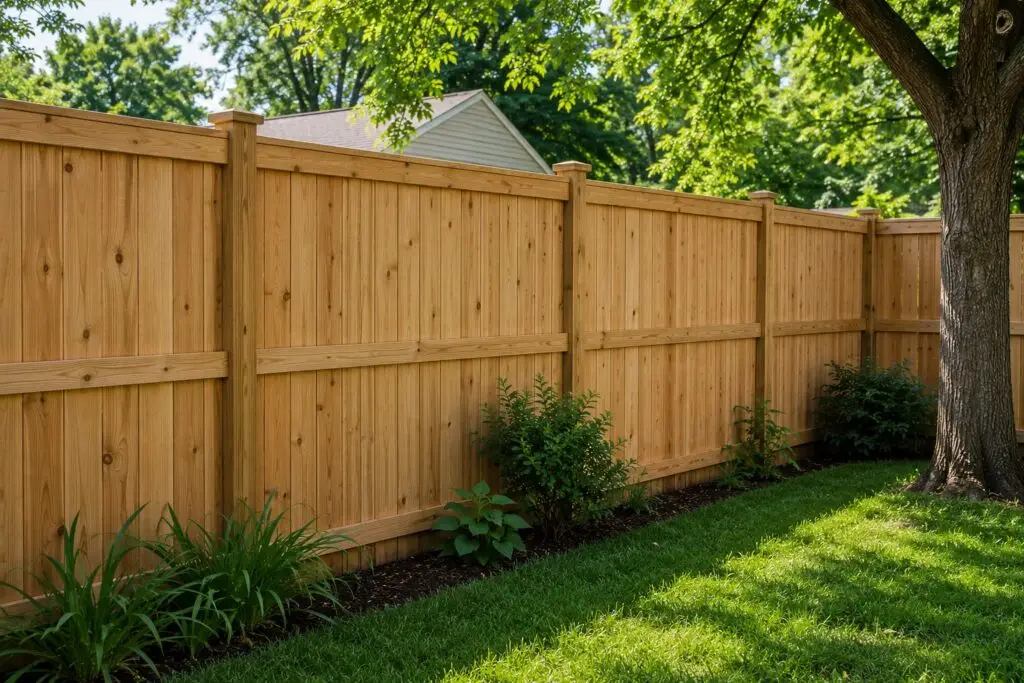A repaired wood privacy fence in a backyard