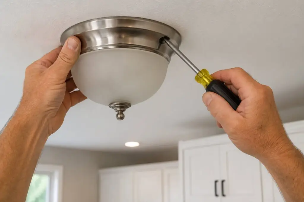 Close-up of hands replacing a light fixture and cabinet hardware - Fix It-Cincy - Fix It-Cincy Close-up of hands replacing a light fixture and cabinet hardware