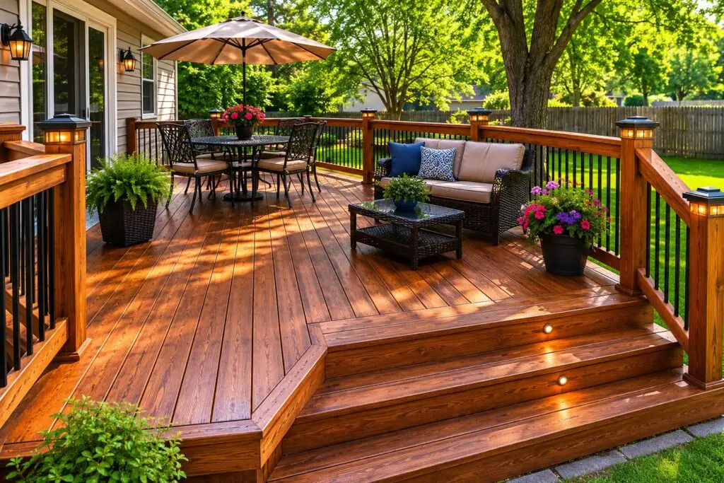A freshly stained backyard wood deck with new boards and railings - Fix It-Cincy - Fix It-Cincy A freshly stained backyard wood deck with new boards and railings