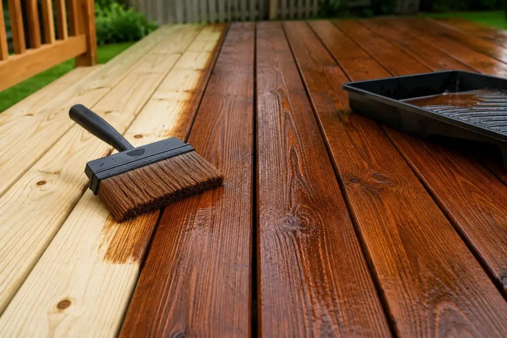 Close-up of new deck boards being stained a rich color - Fix It-Cincy - Fix It-Cincy Close-up of new deck boards being stained a rich color