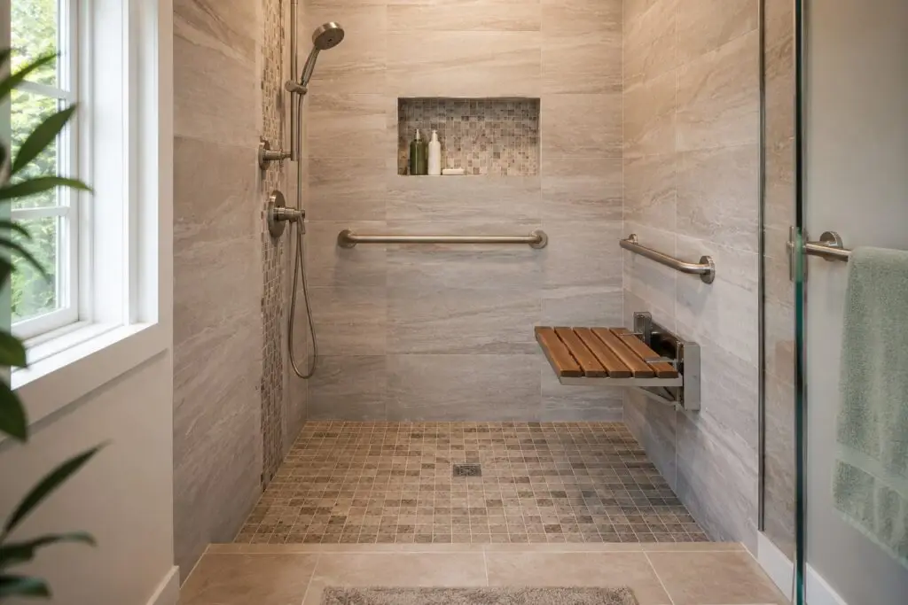 A walk-in shower with grab bars and a fold-down seat for safe aging in place