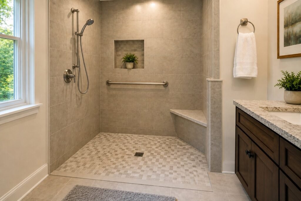 A curbless tiled walk-in shower with a grab bar and a built-in bench - Fix It-Cincy - Fix It-Cincy A curbless tiled walk-in shower with a grab bar and a built-in bench