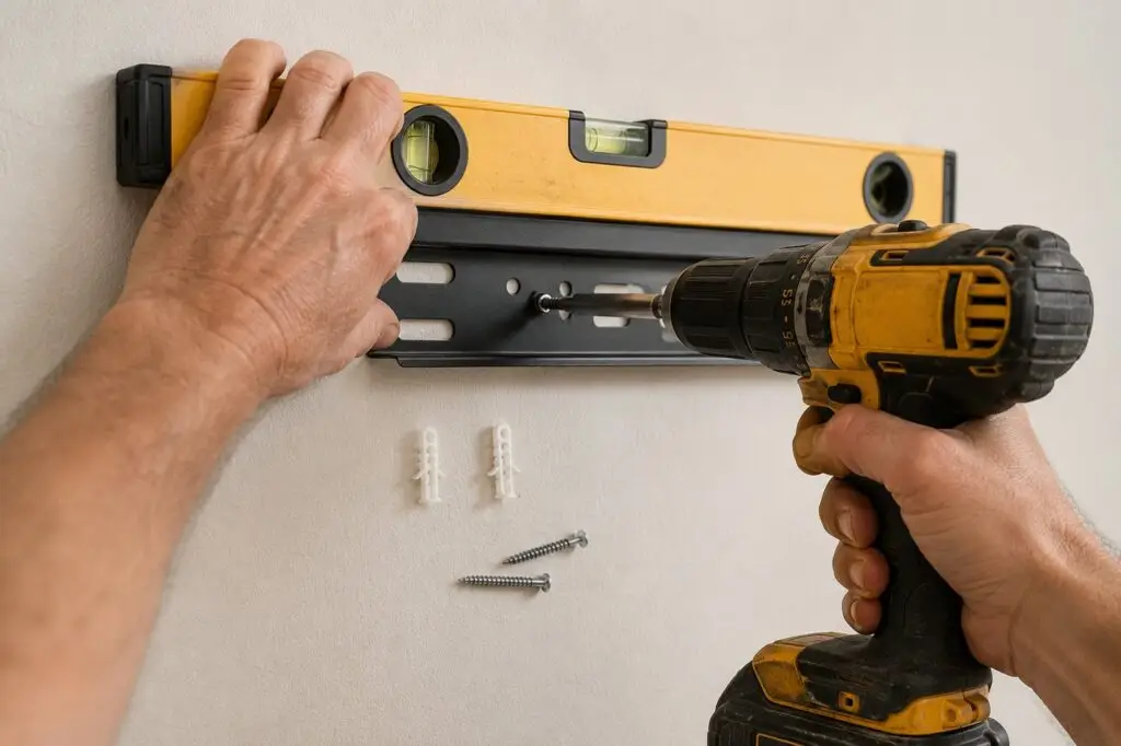 Close-up of hands using a level and drill to mount a wall bracket with anchors and screws - Fix It-Cincy - Fix It-Cincy Close-up of hands using a level and drill to mount a wall bracket with anchors and screws