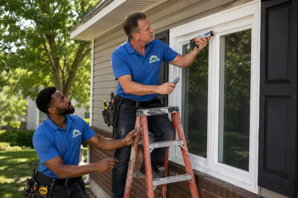 Fix It-Cincy crew installing an exterior door and window, one steadying the ladder for another - Fix It-Cincy - Fix It-Cincy Fix It-Cincy crew installing an exterior door and window, one steadying the ladder for another